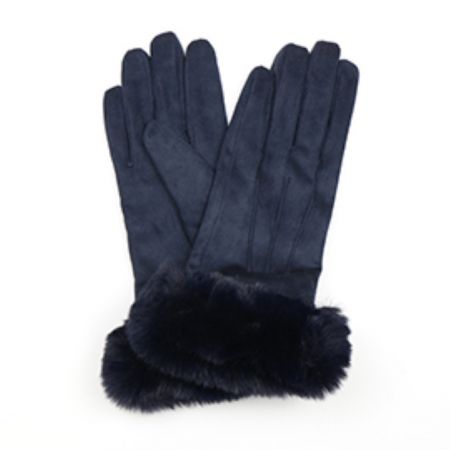 Pom - Navy Faux Suede Glove With Faux Fur Trim